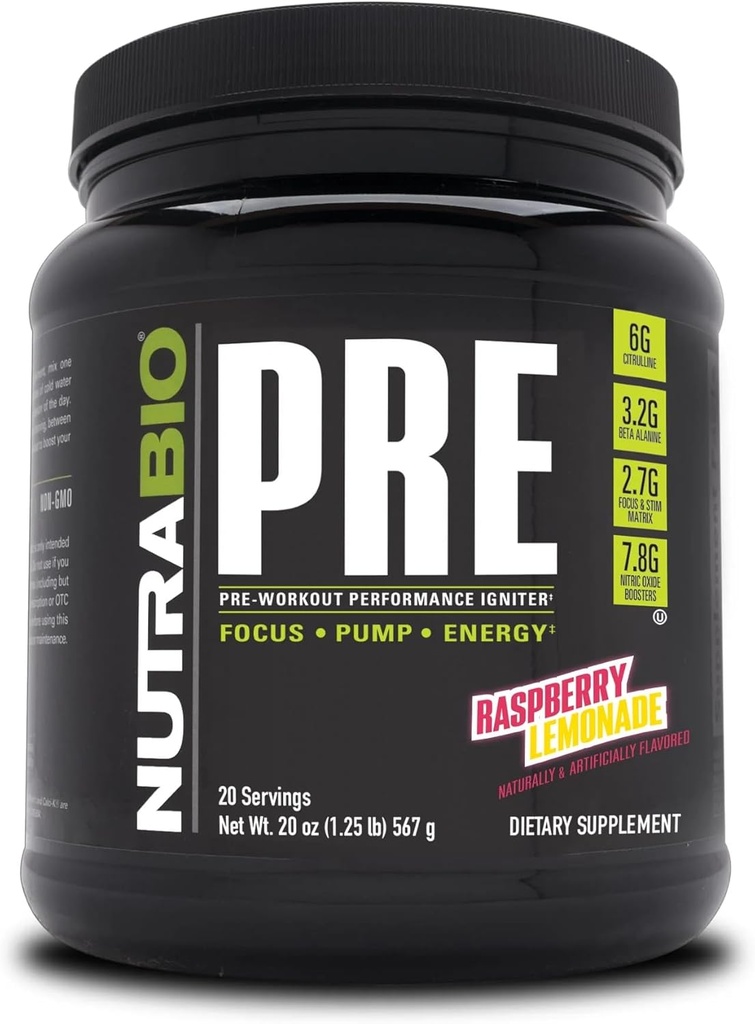 NutraBio PRE Workout Proszek - Stara formuła - Trwała energia, Psychiczna koncentracja, Endurance - Beta Alanina, Kreatyna, Kofeina, Elektrolity - 20 Służenia - Lemoniada malinowa