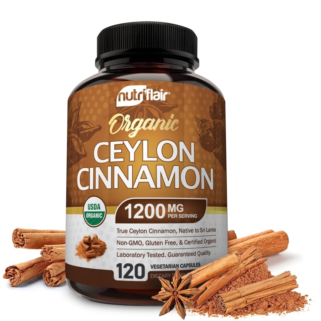 Nutric Flair Organic Ceylon Cynamon Supplement 1200mg, 120 Kapsułki - USDA Certified - Nie-GMO, Proszek gluten wolny, Pigułki przeciwutleniające