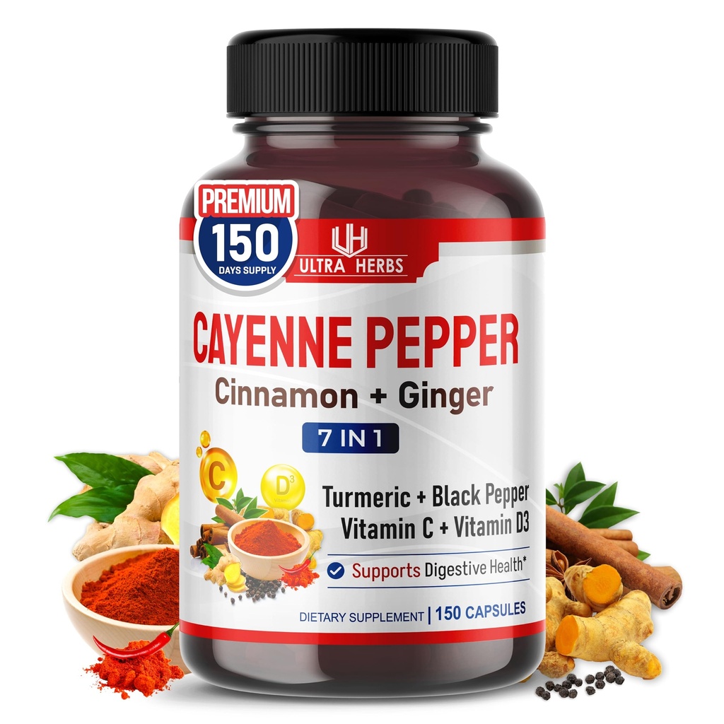 Cayenne Pepper 7 w 1 - - z Ginger, Turmeric, Cynamon, Czarny Pepper - Promotes Digestive System Function (150-dniowe dostawy (Opakowanie 1))