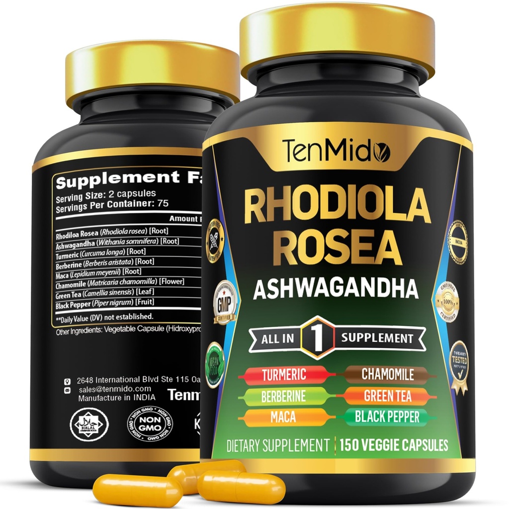 Rhodiola Rosea Supplement - 8in1 Formuła - Połącz z Ashwagandha, Turmeric, Berberine, Maca, Rumianek, Zielona Herbata i czarny pieprz - Żywny bogaty - 150 Kapsułki wegańskie