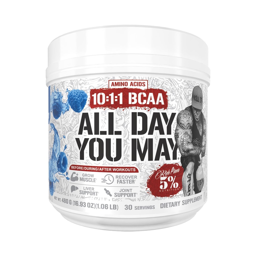 5% odżywka bogata Piana AllDayYouMay BCAA proszek 124; Premium Intra & Post Trening aminokwasów, EAA, elektrolity 124; Hydration, Endurance, Odzysk 124; Wegan & Keto 124; 16.4 oz, 30 Srvgs (Blue Malina)