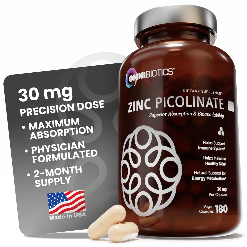 OmniBiotics Pikolinian cynku 30mg Suplement - Wysoka Absorpcja Cynk do układu immunologicznego, Zdrowa Skóra i Wspomaganie Energetyki - 180 Kapsułki wegańskie