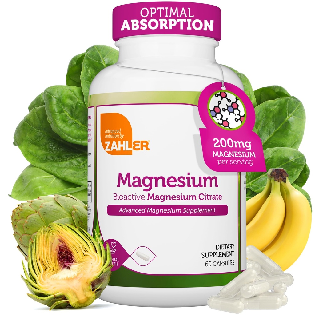 Zahler - Magnezu Suplement Kapsułki 200 mg (60 Count) Certyfikowany Kosher Bioaktywny Magnezu Cytrynian dla Max Wchłanianie - Naturalny magnez mineralny dla mężczyzn i kobiet - Najlepsze suplementy magnezu