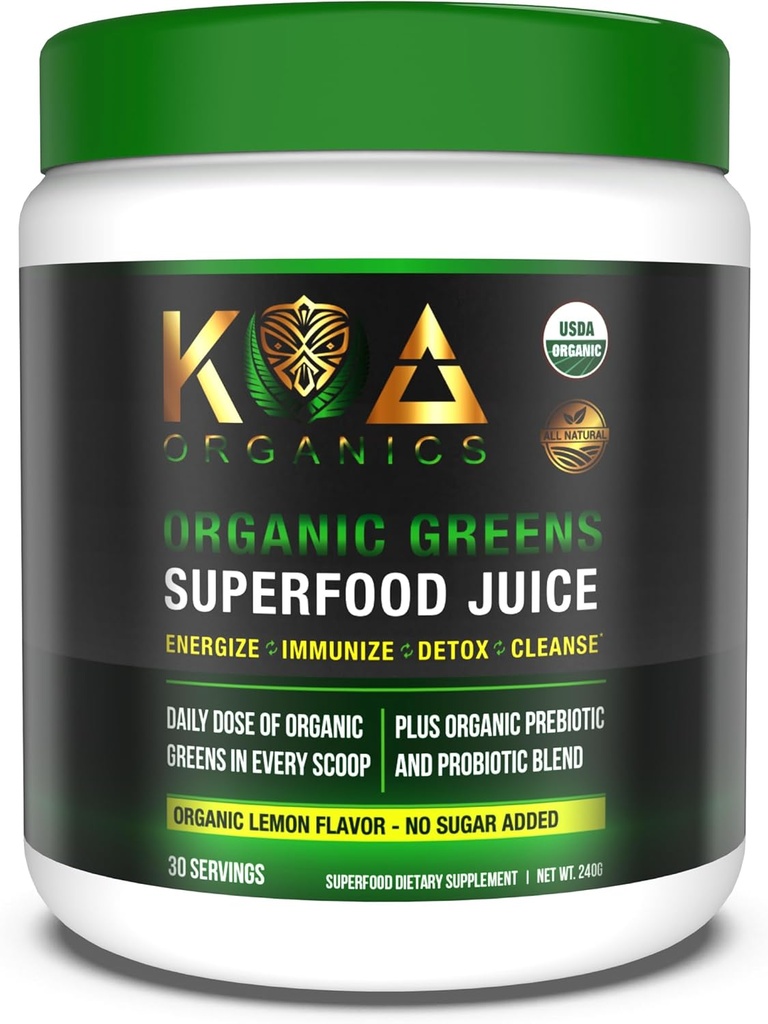 Zieloni Sok Superfood Proszek - USDA Organic Super Zielone Proszek z Spirulina, Chlorella, Matcha, Trawa pszenna, Enzymy i Probiotyki - Lemon Flavor -30 ServQ
