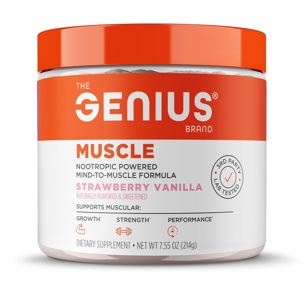 The Genius Brand Genius Muscle - Muscle Health Supplement for Growth, Endurance & Recovery - Non-Hormonal Formula - 6 Organic Mushrooms - Naturally-Sweetened - 30 Servings - Truskawka Vanilla