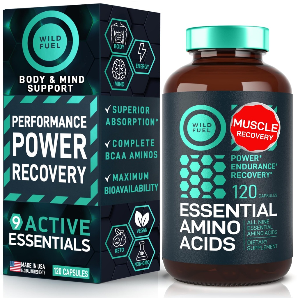 Esencjonalny suplement aminokwasów - wszystkie 9 EAA z aminokwasami BCAA (leucyna, lizyna, walina, treonina) - 3000 mg na Podawanie - Wzrost mięśni, Moc, Odzysk - 120 Vegan, Kapsułki bez kofeiny