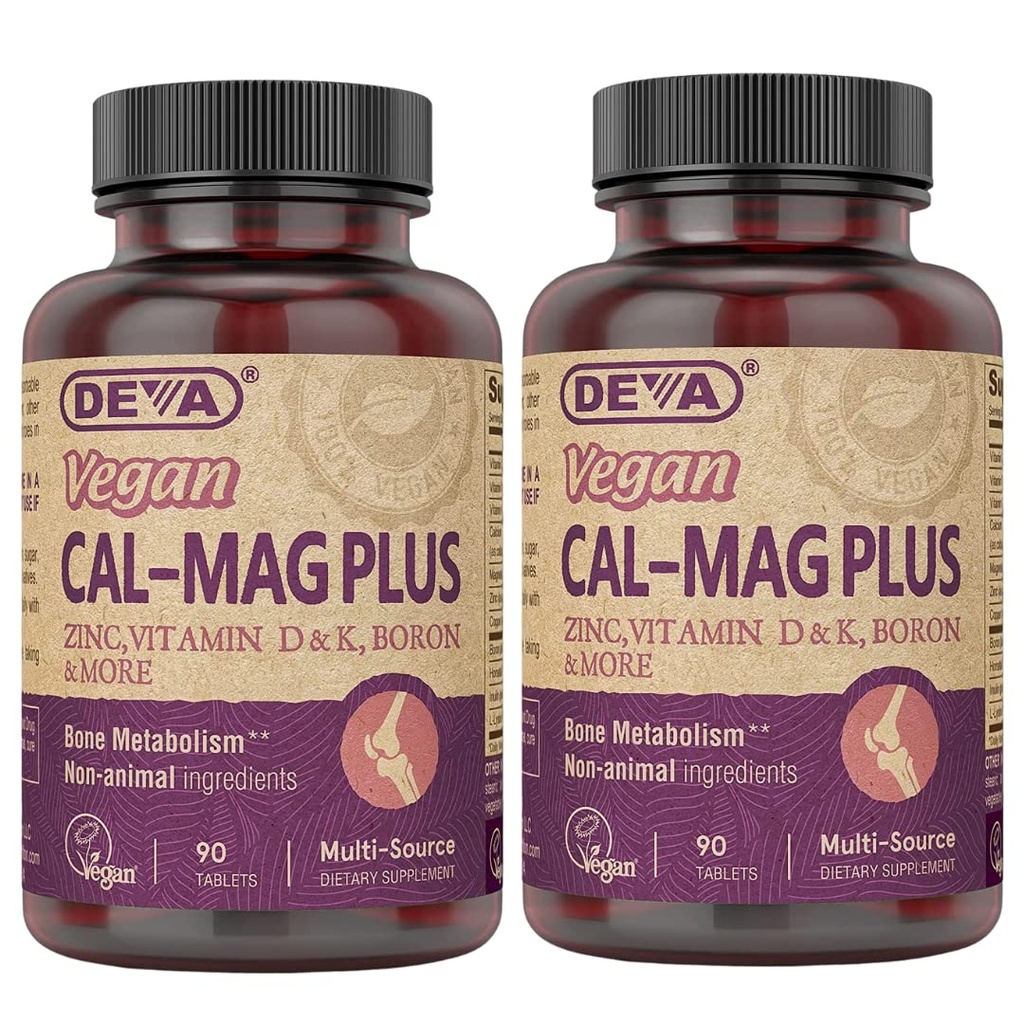 DEVA Vegan suplement magnezu wapnia 2-Pack, Plus cynku, witaminy C, D & K, Boron, 90 tabletek Każdy