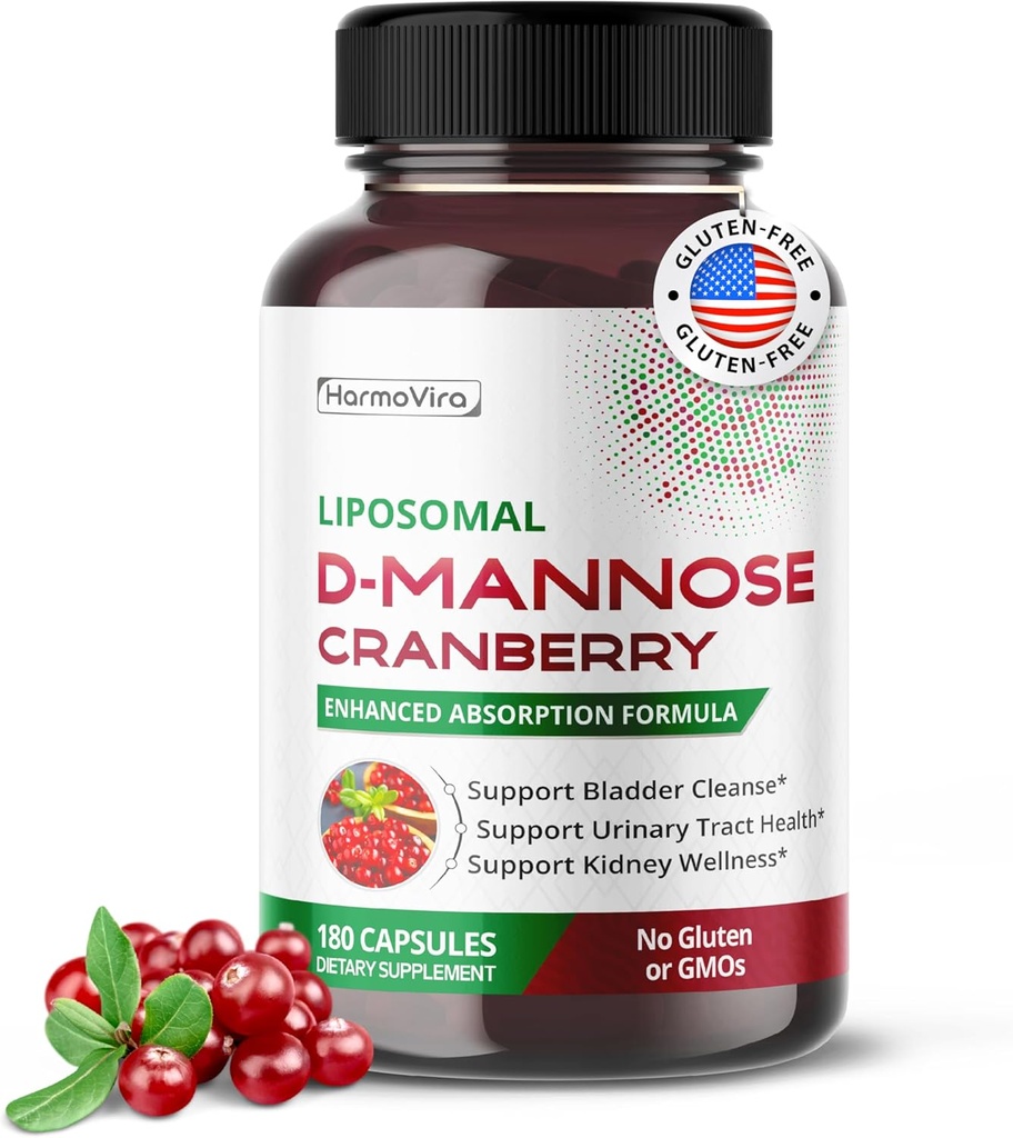 Liposomal D- Mannose Cranberry Supplement - 180 Kapsułek: 124; Uva Ursi, Hibiscus, Black Pepper: 124; Enhanced Absorption Formula: 124; Non-GMO, Gluten- Free