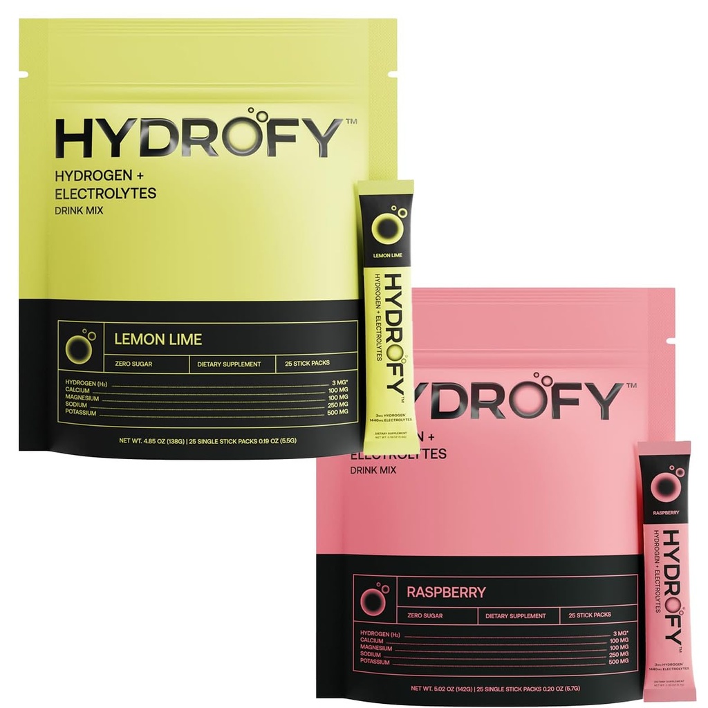 Wodór + Electrolytes Drink Mix Raspberry and Lemon Lime Bundle 50 Słupki 124; Superior Hydration Pakiety z Molecular Hydrogen (H2), Sodu, Potas, Magnezu, Wapnia i Minerałów