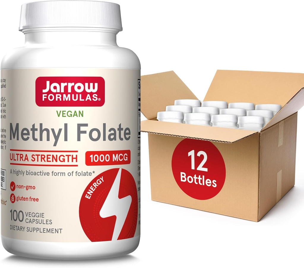 Jarrow Philluas Methyl Folate 1000 µg, Suplement diety, Methyl Folate for Cellular Energy Support, 100 Veggie Capsules, 100 Day Supply, (Opakowanie 12)