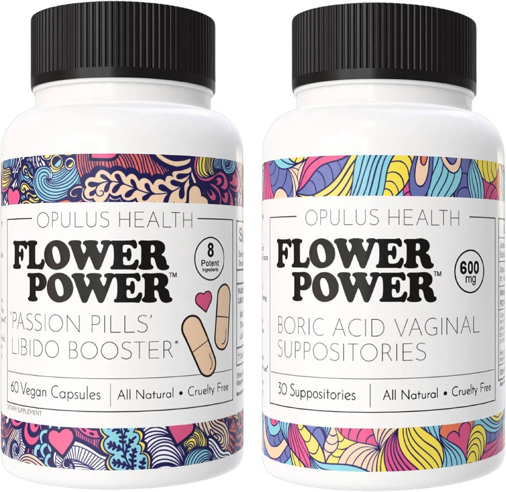 Flower Power - Passion Pills Libido Booster & Poduszki kwasu borowego - All- Naturalny żeński Pasek Pielęgnacji dla Enhanced Libido, Odor Control i Balanced Vaginal Health - 60 Kapsułki wegańskie, 600mg - Ma