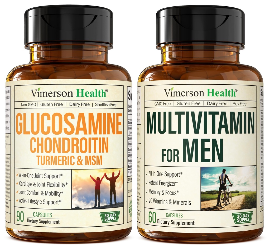 Glukozamina Chondroitin Turmeric MSM + Men 's Multivitamin 2 -Bottle Supplement Bundle dla niego. Joint Health, Response zapalne, Immune Support, Właściwości przeciwutleniające