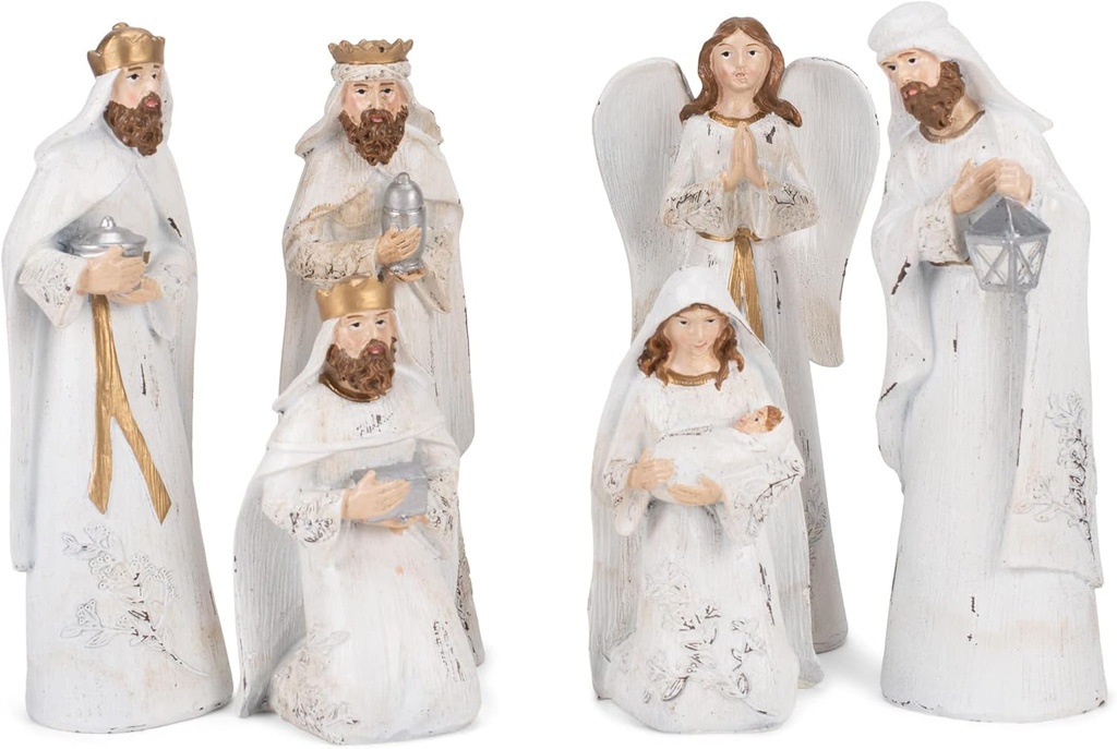 Przezroczyste Distressed White and Gold Tone 7.5 Inch Resin Nativity Figurines Zestaw 6