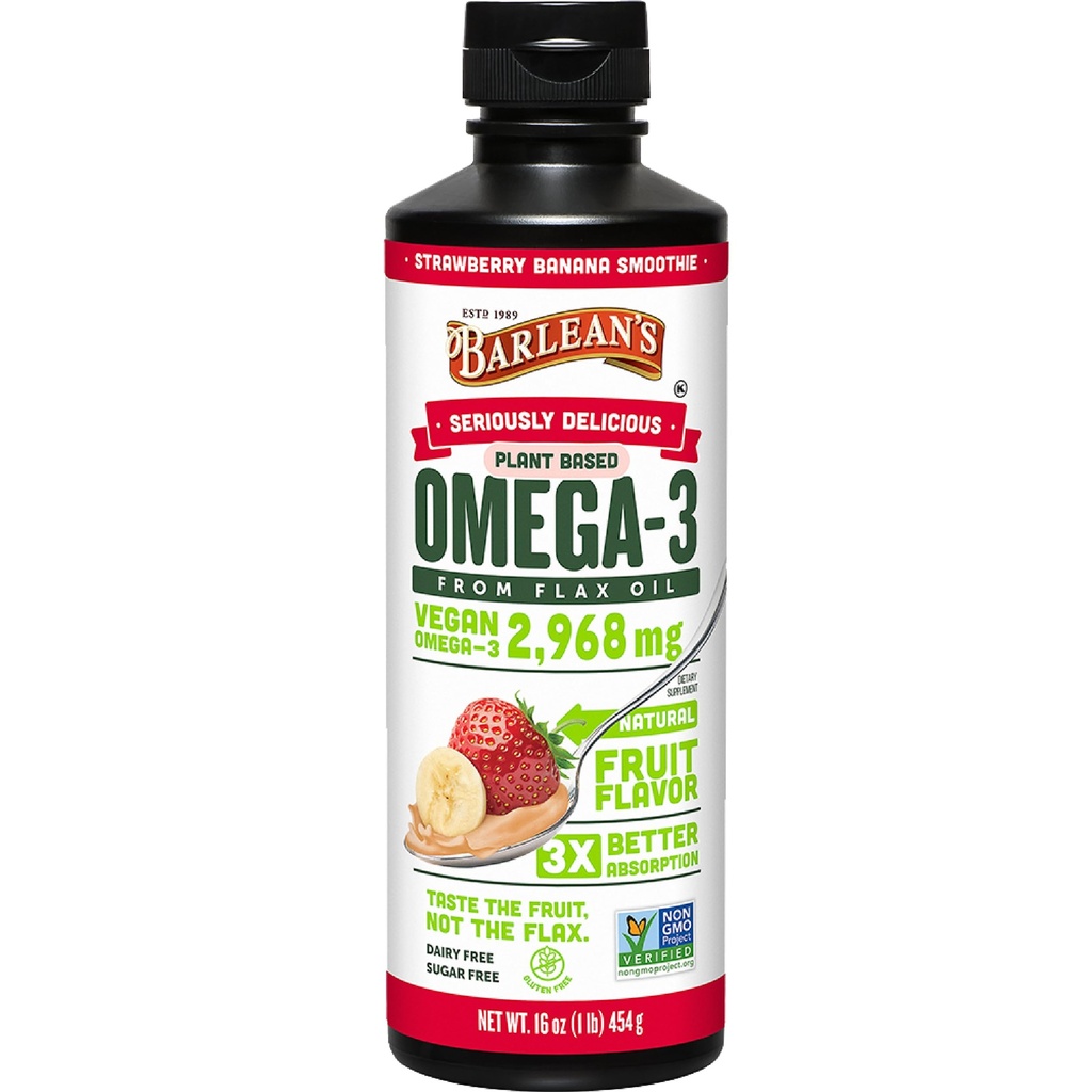 Barlean 's Vegan Omega 3 6 9 Olej lniany suplement, Strawberry Banana Smoothie, Olej lniany z 2,968 mg kwasu tłuszczowego ALA, Non-GMO i Gluten Free, 16 oz