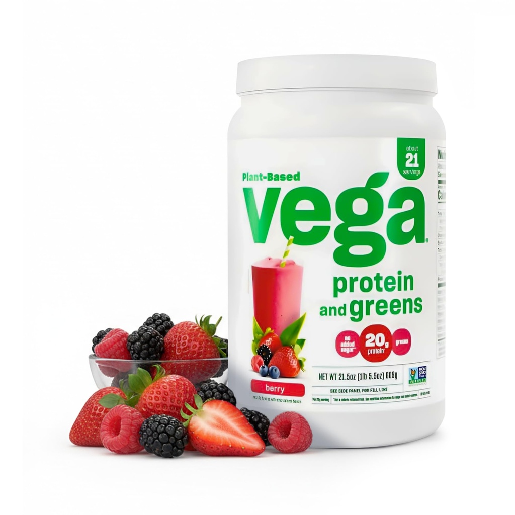 Vega Protein and Greens Protein Powder, Berry - 20g roślin Białko Plus warzywa, Wegan, Nie GMO, Pea Protein for Women and Men, 1,3 lbs (Packaging May Vary)