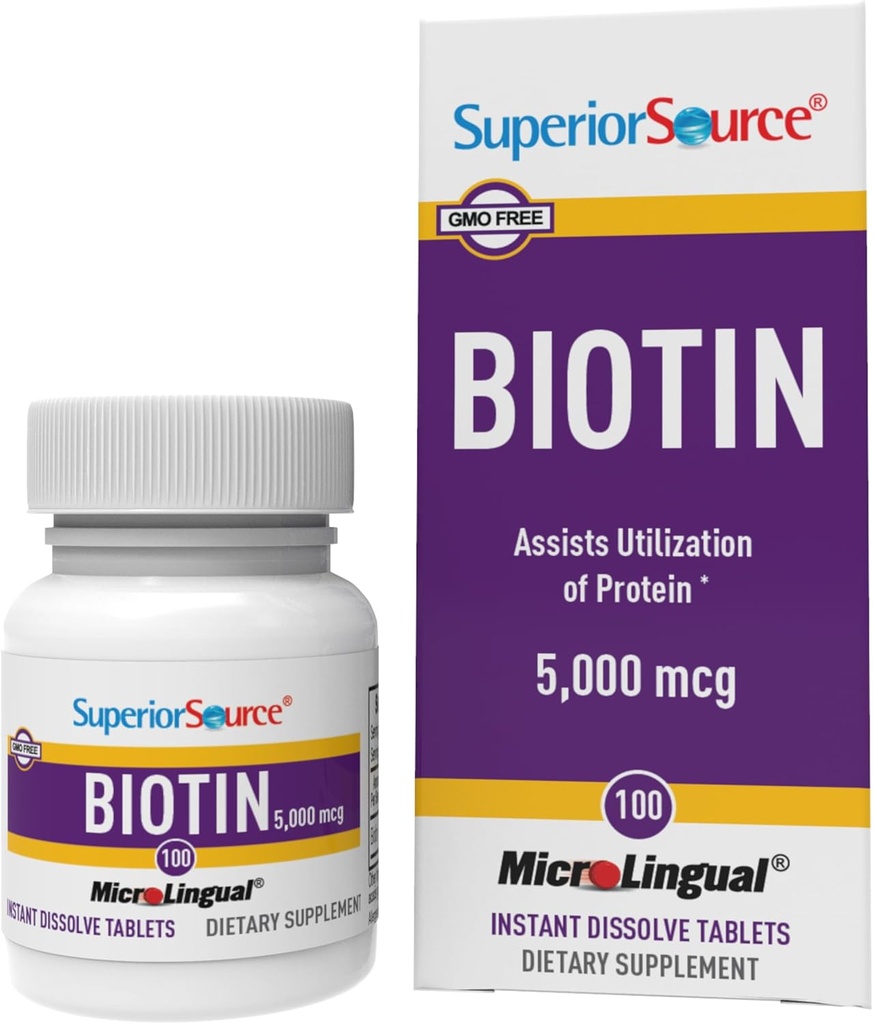 Superior Source Biotin 5000 mcg. Pod Język Quick Rozpuścić tabletki microLlingual, 100 Count, Wspiera zdrowe włosy, Skóra i wzrost paznokci, Pomaga wspierać metabolizm energii, Non-GMO