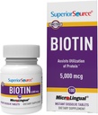 Superior Source Biotin 5000 mcg. Pod Język Quick Rozpuścić tabletki microLlingual, 100 Count, Wspiera zdrowe włosy, Skóra i wzrost paznokci, Pomaga wspierać metabolizm energii, Non-GMO