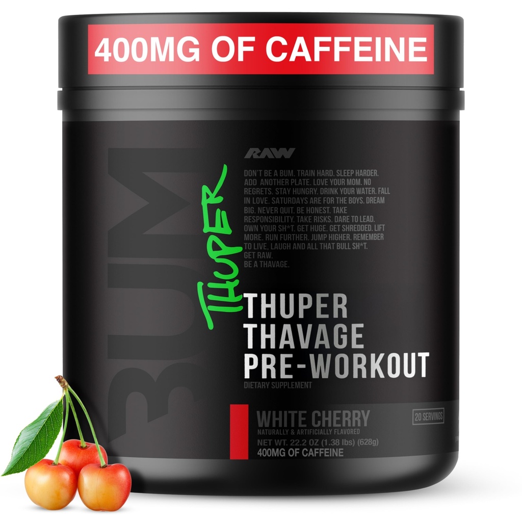 RAW Thuper Thavage Pre Workout Powder - Wysokie Stim Precuting z Creatine, Beta Alanine, L-Citruline & Caffee - Chris Bumstead Gym & Fitness Supplement for Men & Women - White Cherry
