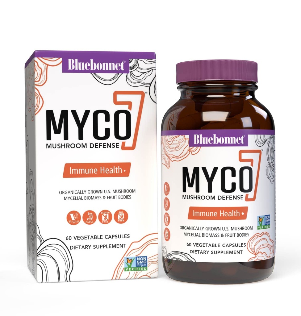 BlueBonnet Nutrition Myco-7 Mushroom Defense - 7 Organicznie Urosły USA Całe, Pełno- Cycle Mushrooms - dla immunologicznego i Wellness - Bezsojowy, Gluten- Free, Non-GMO, Kosher i Vegan - 60 Kapsułki warzyw