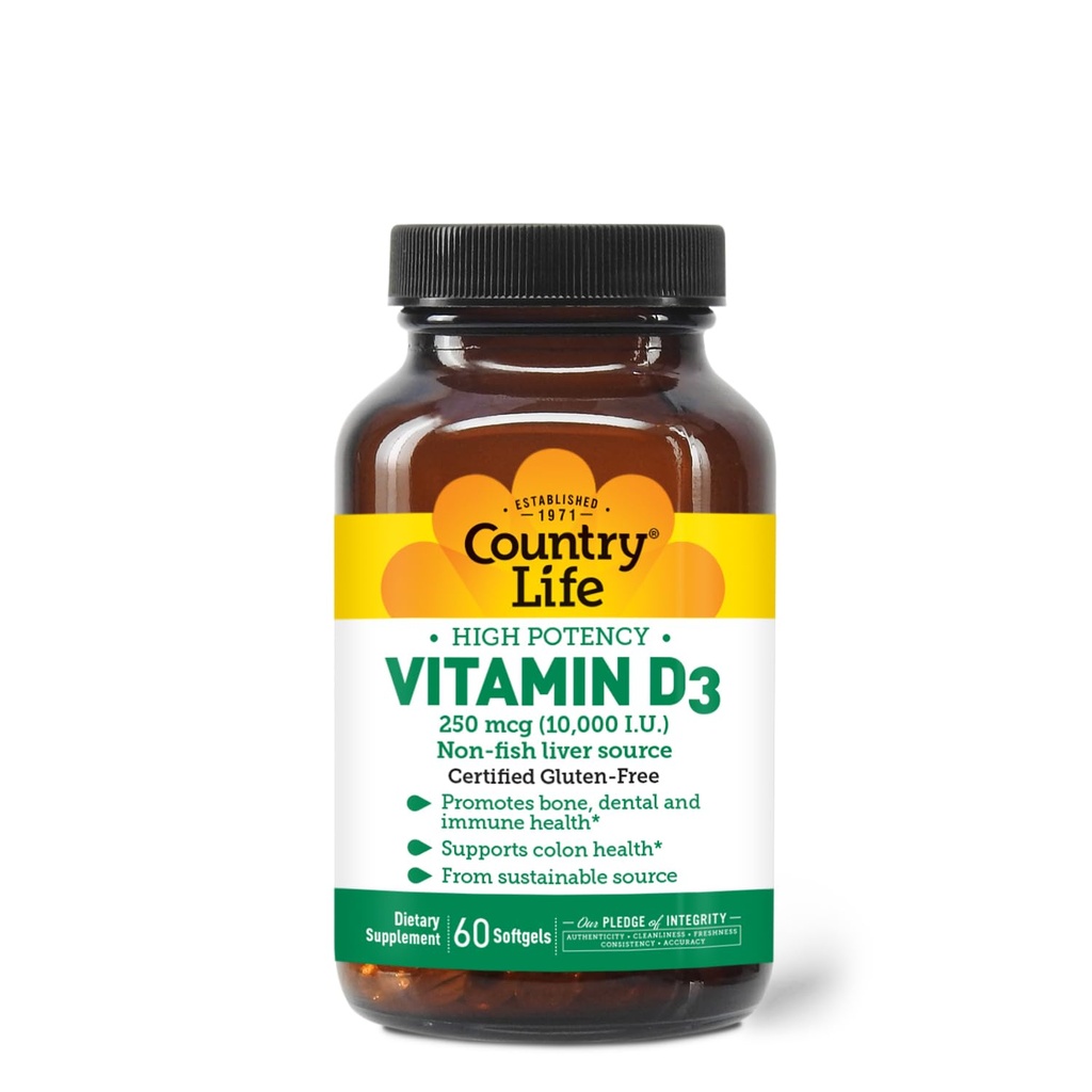 Country Life Witamina D3 10 000 IU - Wysoka potencja, Non-Fish Source 124; kości, immunologiczne & Colon Health Support 124; 60 Softgels 124; Certified gluten- Free, Czysta formuła z MCT Oil dla lepszej absorpcji