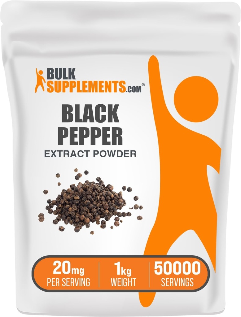 BulkSupplements.com Black Pepper Extract Powder - Black Pepper Supplements, Piperine Supplements - Vegan & Gluten Free, 20 mg na jedną porcję, 1 kg (2,2 kg) (opakowanie po 1)