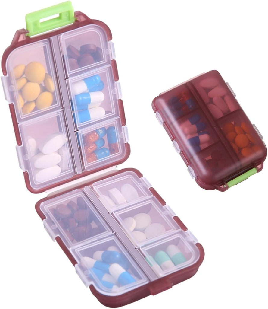 1Pack Travel Pill Organizator - 10 Komory Pill Case, Compact and Portable Pill Box, Perfect for On- The- Storage, Pill Holder for Purse Brown