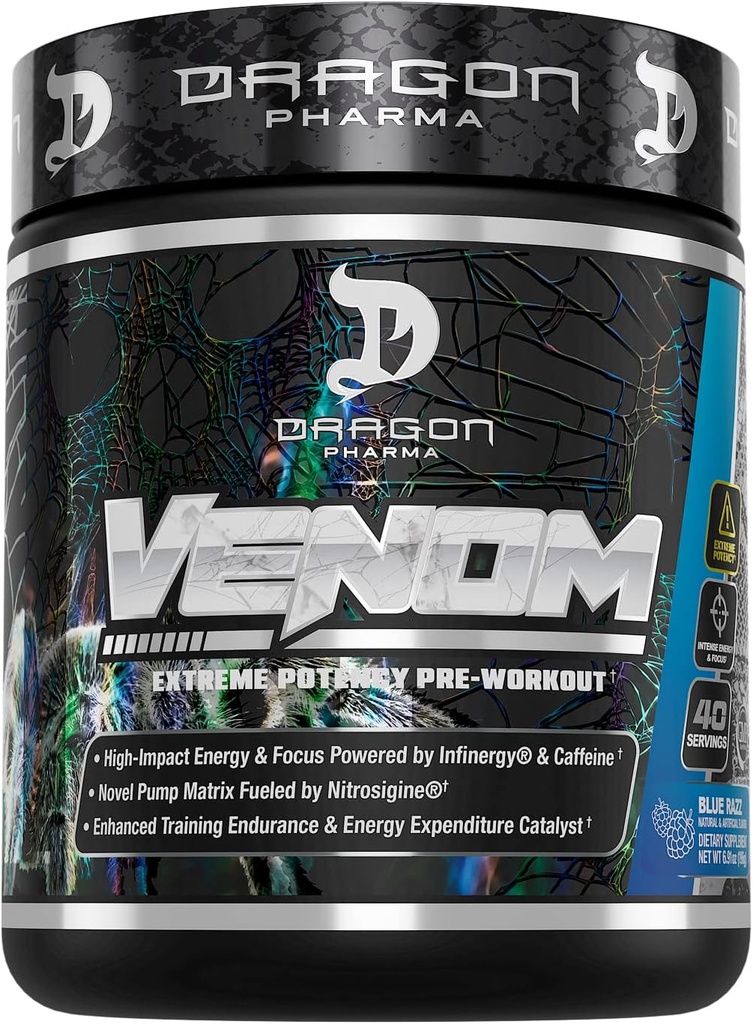 DRAGON PHARMA Venom Extreme Potency Pre- Trening, Laser Sharp Focus + Energia, Intensywna wydajność, Proven Składniki dla ulepszonego Vasodilation & Endurance (40 Służenie, Niebieski Malina)