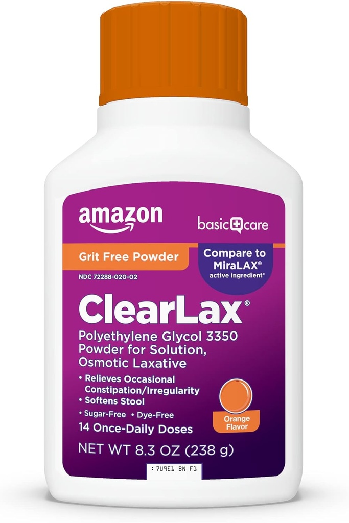 Basic Care ClearLax polietylenowy glikol 3350 Proszek do sporządzania roztworu, Pomarańczowy aromat, Osmotic Laxative, Stool Softener, Relieves Ocasional Zaparcia, 8,3 uncji (Opakowanie po 1)