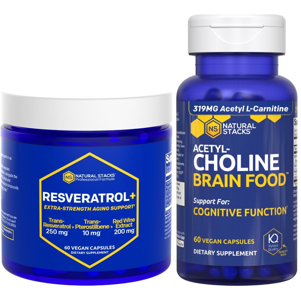 NATURAL STAKS Acetylocholina Brain Food + Resveratrol Supplement Bundle - Pomaga Cognitive Function & Mózg Starzenie * - 120 Kapsułki ogółem