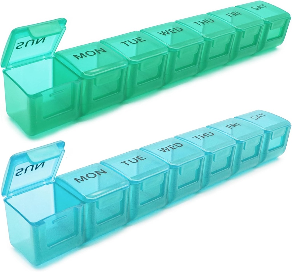 2 Pack Cotygodniowy Pill Organizator, Duży 7-dniowy Pill Case, Codzienne Witaminy Case Medicine Box, AM / PM Pill Container for Medicine Supplements Fish Oil (Niebieski i zielony)