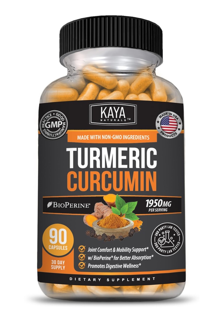 Kaya Naturals Turmeric Platinum, 60 Kapsułki Count, Bioperine, Wsparcie Premium z 95% Znormalizowane kurkuminoidy - 60 Kapsułki