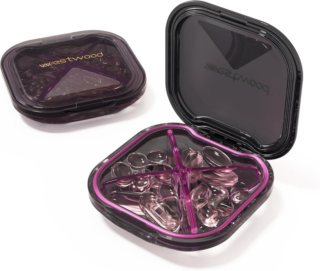 1 Pack Small Purple Pill Organizator, 4 Komory, Compact Stylowe Cute Travel Camping Pill Box Daily Medicine Pill Case, Przenośne i odporne na wilgoć, aby przechowywać witaminy, Leki i suplementy