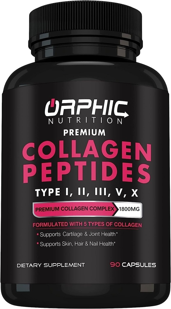 ORPHIC NUTRITION Collagen Peptides Capsules for Women,1800mg Multi Collagen Pills Types I, II, III, V, X - Supports Digestive Health Maintaining Strong Joints, Tendons, Ligaments and Muscles* 90 Caps