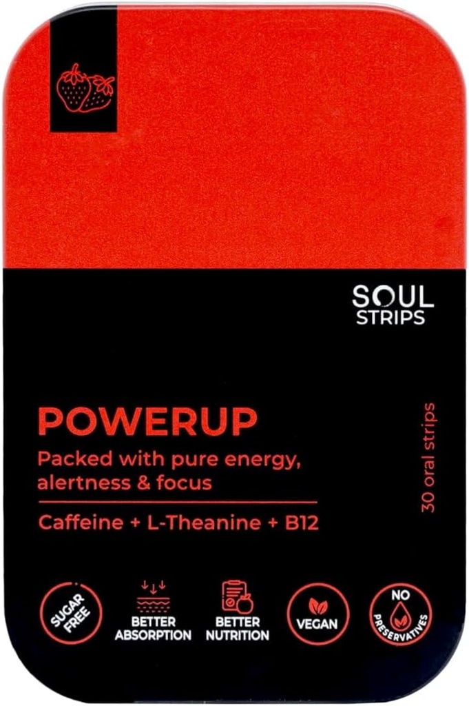 Soul Strips Power Up - Trening + Energy Oral Strips z kofeiną, L- Theanine, Witamina B12, Strawberry Flavor, Enhances Metabolizm, Szybkie Absorb, Daily Use, Zero Sugar, Wegan, 30 Pack Strips