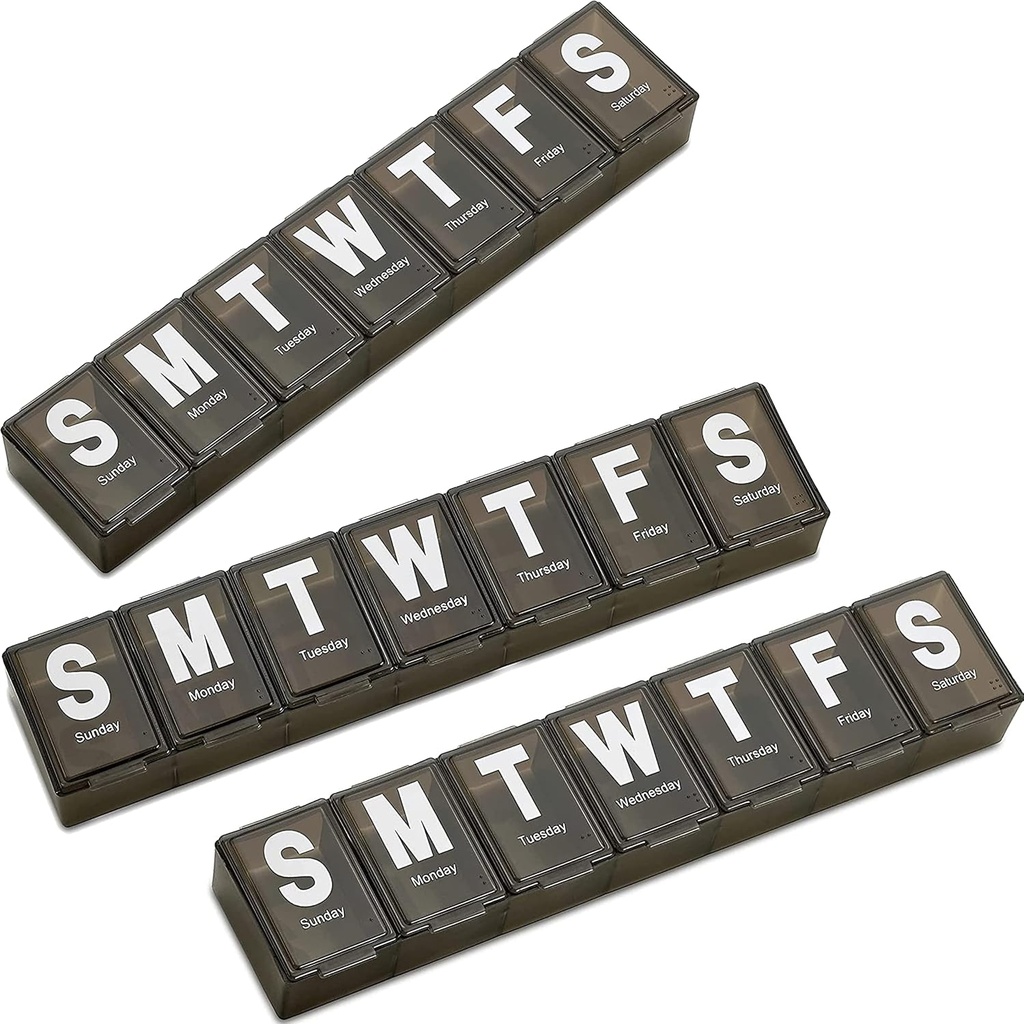 Cotygodniowy Pill Organizator - (Pack of 3) Bardzo duży pojemnik witaminy z Jumbo Łatwy do czytania listów, BPA Free - Daily Travel 7 Day Medication Pill Case, (Czarny)