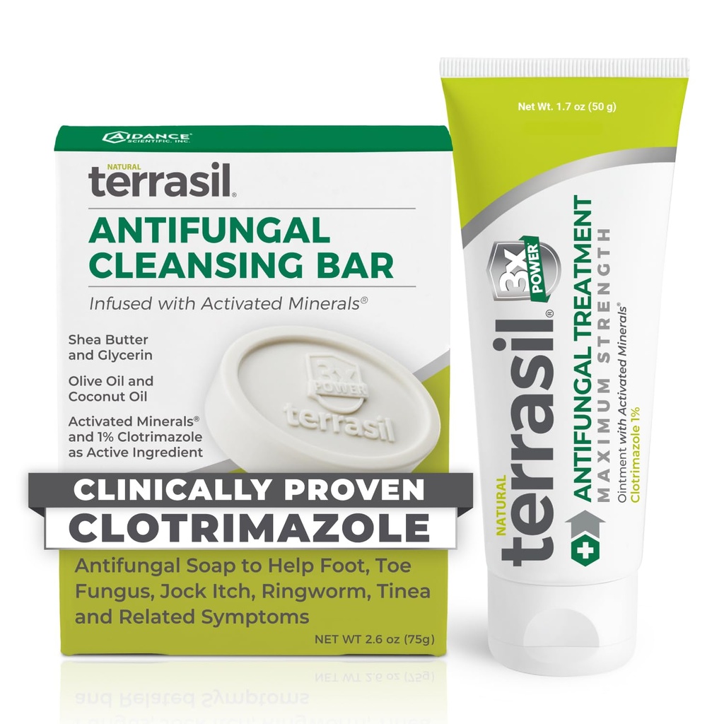 Terrasil Antygrzybicze Cream + Antygrzybicze Mydło 2-Zestaw Clinically-Proven Clotrimazole skuteczne leczenie i ulga: Jock Itch Sportowe Foot Fungal Yeast Infection Ringworm (50g Tube & 75g bar)