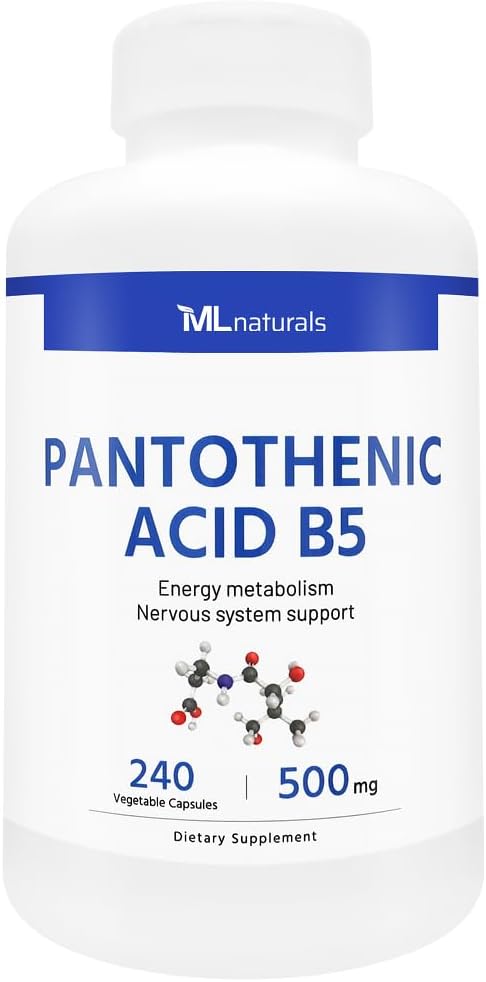 ML Naturals Pantothenic Acid B5 240 Kapsułki roślinne. Metabolizm energii, wsparcie układu nerwowego, certyfikowany NSF- i cGMP- Compliant