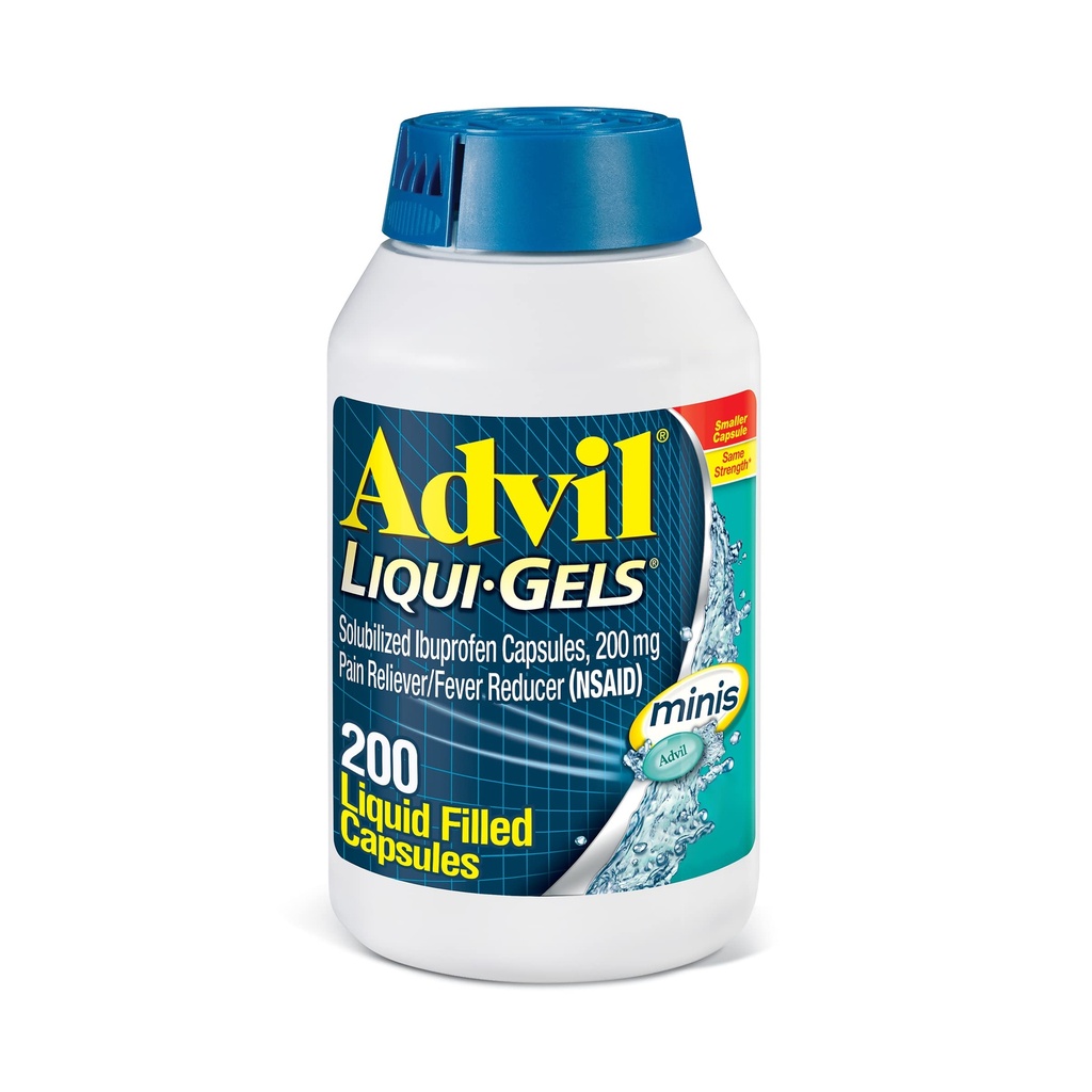 Advil Liqui- Gels minis Reliever Pain i Fever Reducer, Pain Medicine dla dorosłych z Ibuprofen 200mg dla Ulgi Pain - 200 Kapsułki napełnione płynem