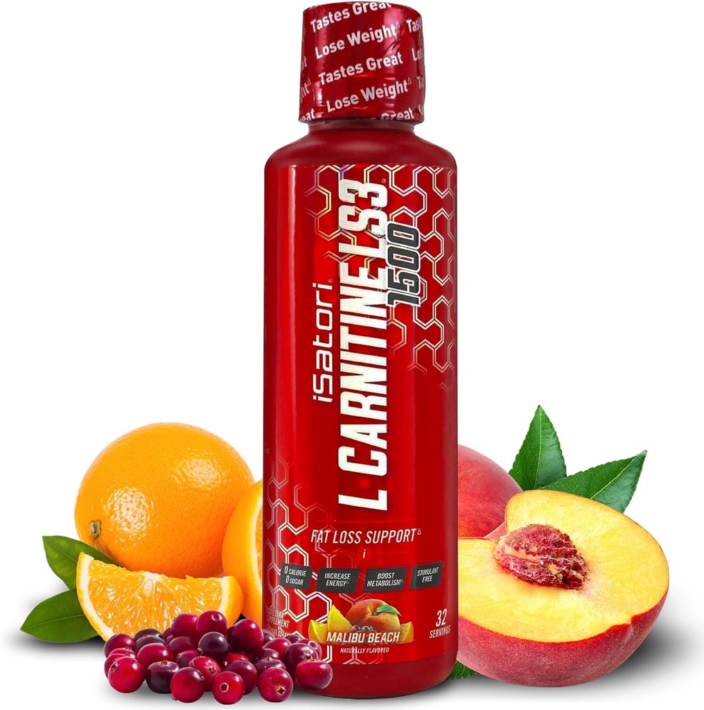 ISatori L- Carnitine LS3 1500, Triple- Blend Liquid L Carnitine Supplement, z acetylem i witratem, Stymulant Free Energy, niskokaloryczne, Cukier lub gluten, Keto- Friendly, Malibu Beach Flavor (32 Sługi)