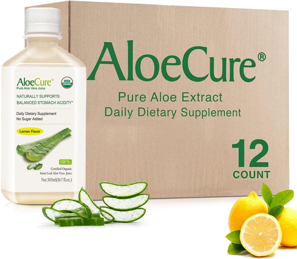 AloeCure USDA Organic Aloe Vera Sok Lemon Flavor - Made In 12 Hours of Harvest - Natural Digestive Supplement for Balanced Stomach Acidity - Support Digestive and Immune Health, 12 Btls x 16.7oz
