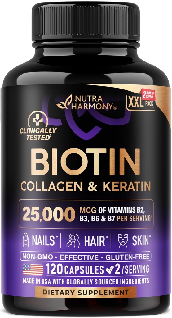 Biotin 124; Kolagen 124; Kwas hialuronowy 124; Keratyna - Suplement klinicznie testowany - Wsparcie wzrostu włosów, Skóra & Nails - 25000 µg witaminy B2, B3, B6 & B7 + B1 - Made in USA - Kobiety & Mężczyźni 124; 120 Kapsułki