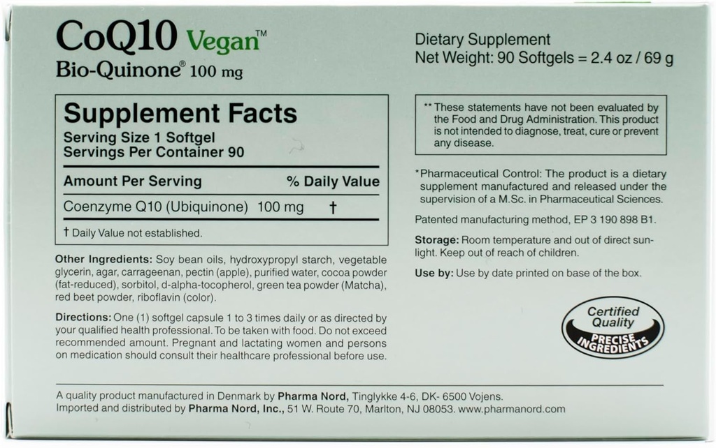 CoQ10 Vegan Bio- Quinone 100 mg, 180 Softgeli 124; Premium Plant- Based Coenzym Q10 Suplement z Non-GMO Składniki dla optymalnego zdrowia 124; Wysoka receptura absorpcyjna dla zdrowia serca i produkcji energii