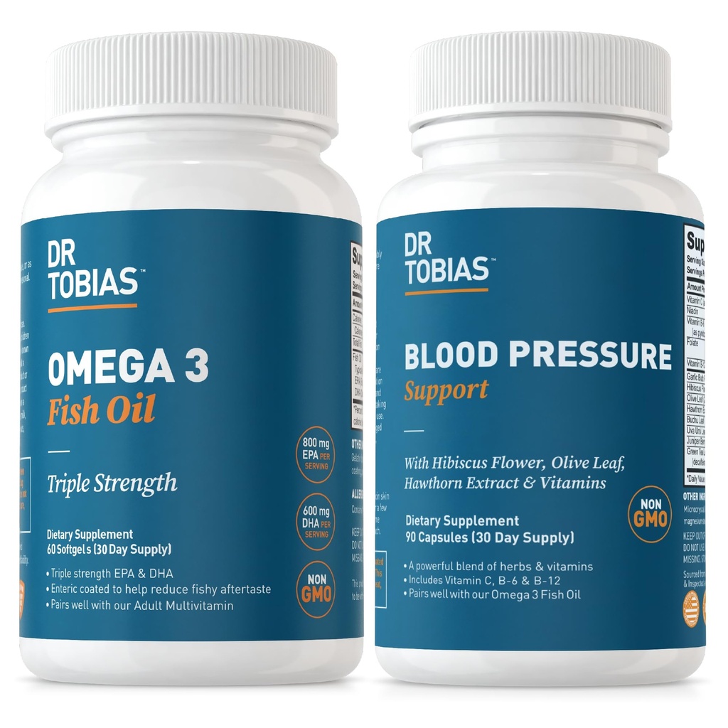 Dr Tobias Omega 3 Fish Oil & Blood Pressure Supplements for Heart, Mózg, Immune, Circulative Health, with Witamina C, B6, B12, Niacin, Folate & Herbs