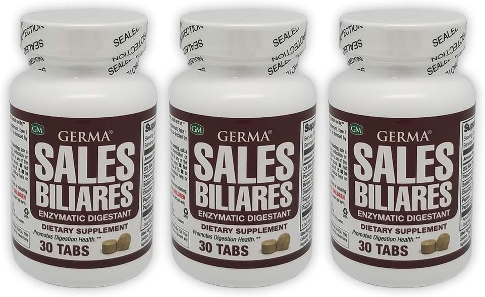 Germa Bile Salts Natural Dietary Supplement. Enzymatyczny Digestant. Pomoc w Digenstion skrobi, białka i tłuszczu. 30 Tabletki. Opakowanie zawierające 3
