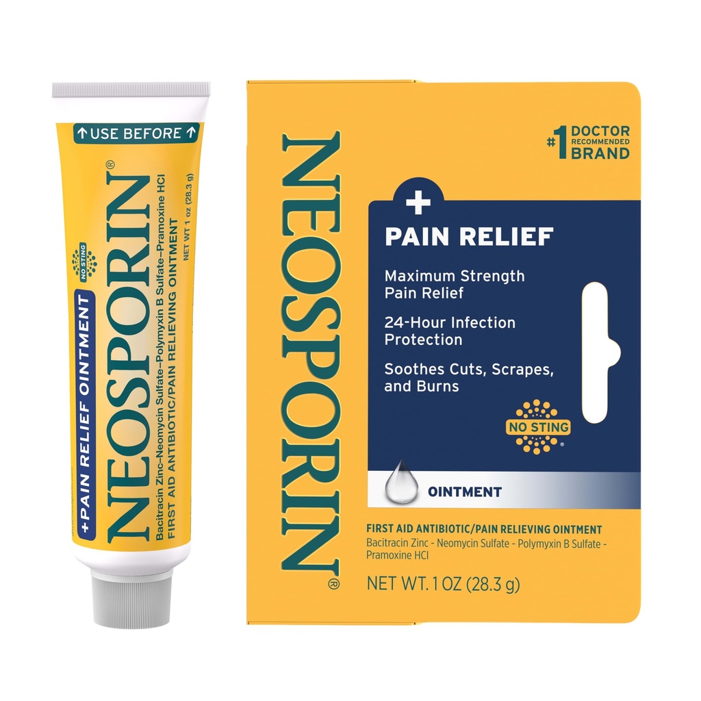 Neosporyna + Maximum- Siła Potrójny Ointment Antybiotyczny z ulgą bólową, Dual Action First Aid Care, No- Sting Formuła z Pramoxine HCl, Bacitracin Cynk, 1 Oz Single Tube
