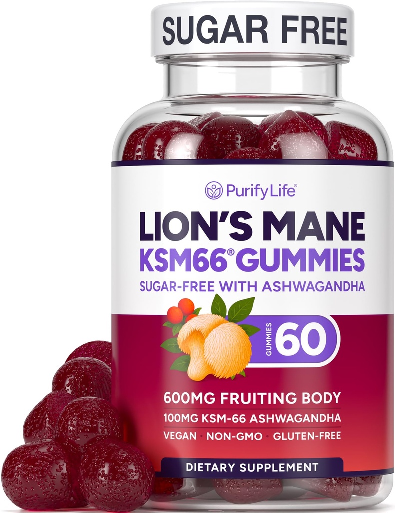 Sugar Free Lions Mane Supplement Gummies z KSM- 66 Ashwagandha - Suplement nootropowy do Cognition, Mózg Fog, Mental Clarity, Focus & Stress Support - Natural Berry Flavor, Wegan, Made in USA