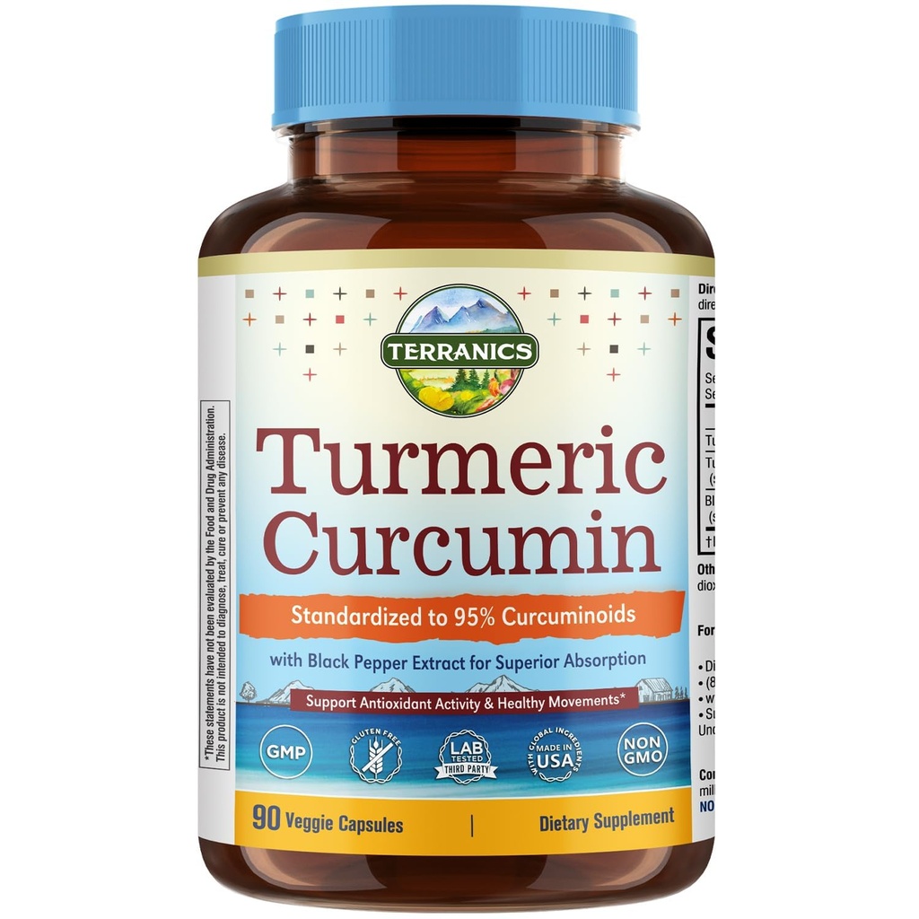 Turmeric Curcumin Supplement 1800mg, with Black Pepper 15mg for Maximum Absorption, 95% Curcuminoids, Mobility & Antioxidant Support, Made in USA, Non-GMO, No Gluten, 90 Vegan Capsules