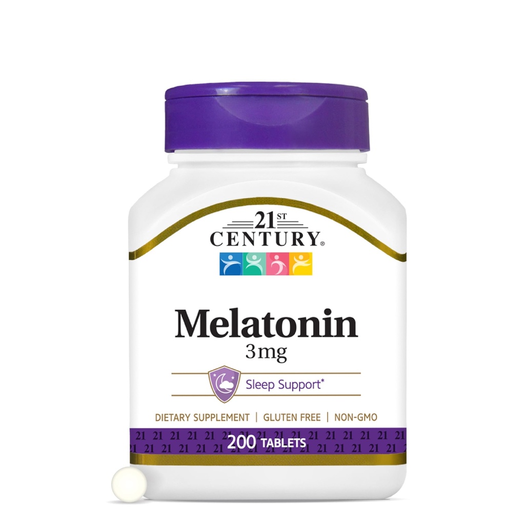 21 Century Melatonina 3mg Delikatne tabletki siłowe, 200 Hrabia, Pomoc dla Sen dla dorosłych, Promotes Relaxation & Resteful Sleep, Non-Habit Forming, Gluten- Free, Non-GMO