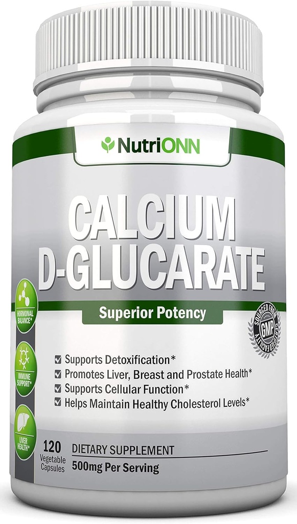 Wapń D- Glukaran - 500mg - 120 Kapsułki roślinne - Superior Potenecy to Support Cleansing Processes, Estrogen Metabolizm & Równowaga hormonalna - Pomaga w prostanie, piersi i Colon zdrowia