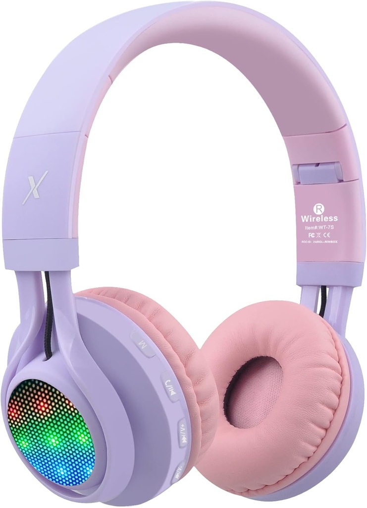 Skrzynka riwbox WT- 7S Dzieci Bluetooth słuchawki światła, składany bezprzewodowy zestaw słuchawkowy stero, z mikrofonem i głośności, Komfortowe i trwałe, na PC / Tablet / TV / Travel (Purpurowy)